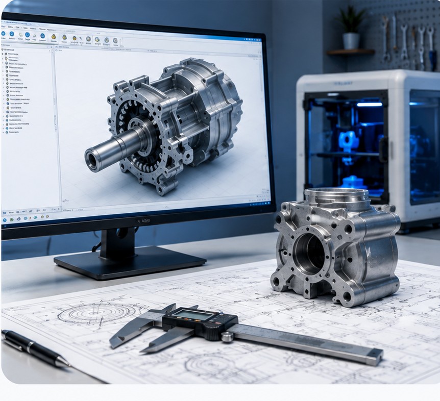 Ambiente de engenharia mecânica com modelagem CAD 3D, desenho técnico, peça mecânica e impressão 3D